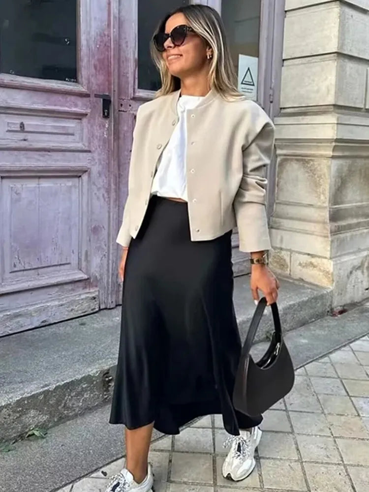 Elegant Women's Satin Midi Skirt with Flowing Fit