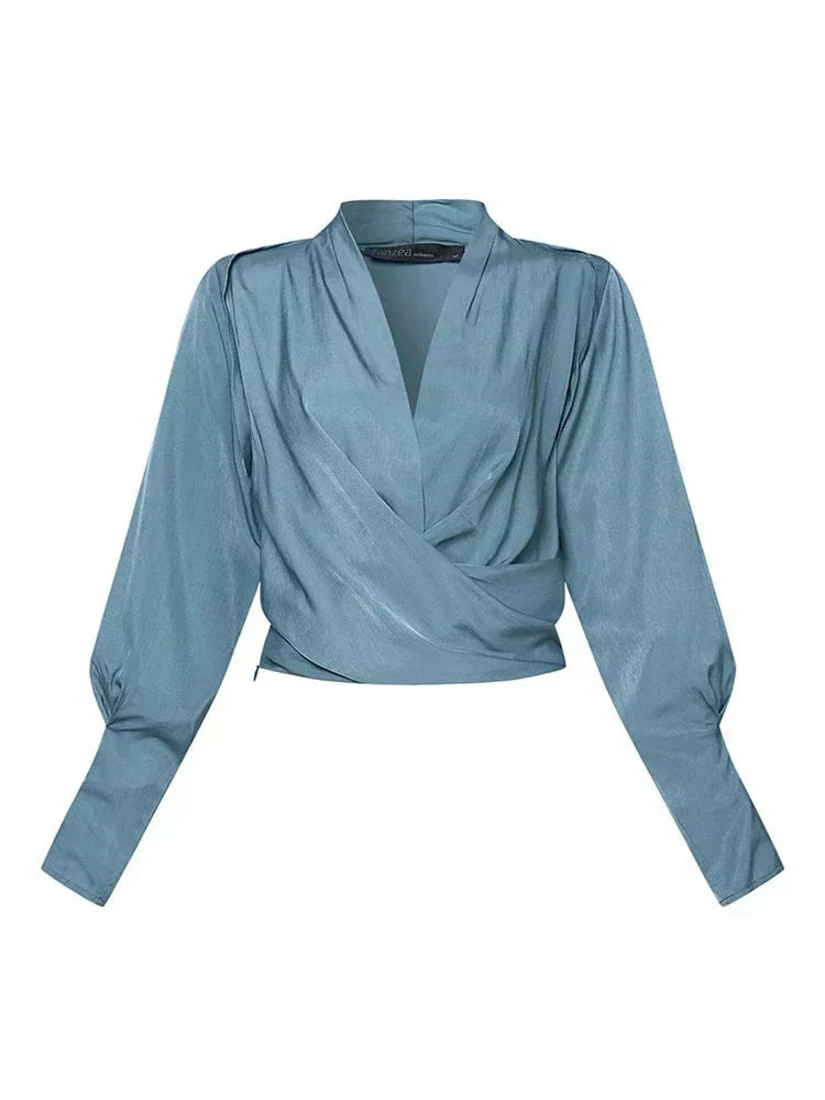 Satin Wrap Blouse with V-Neck and Puff Sleeves for Women