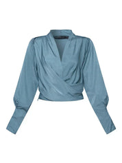 Satin Wrap Blouse with V-Neck and Puff Sleeves for Women