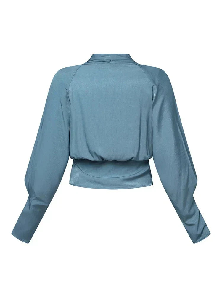 Satin Wrap Blouse with V-Neck and Puff Sleeves for Women