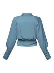 Satin Wrap Blouse with V-Neck and Puff Sleeves for Women