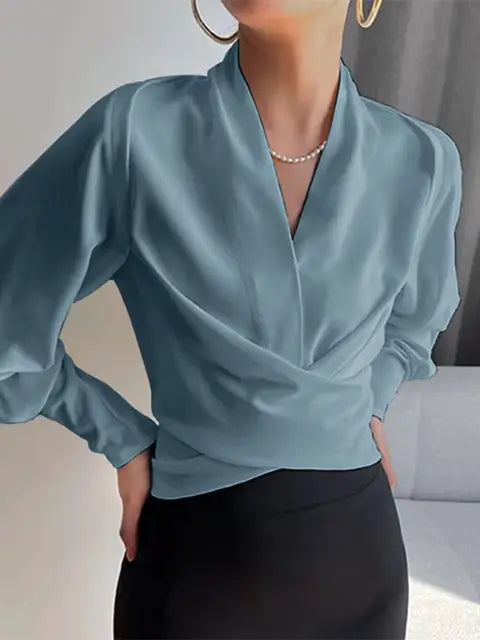 Satin Wrap Blouse with V-Neck and Puff Sleeves for Women