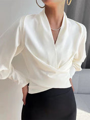 Satin Wrap Blouse with V-Neck and Puff Sleeves for Women