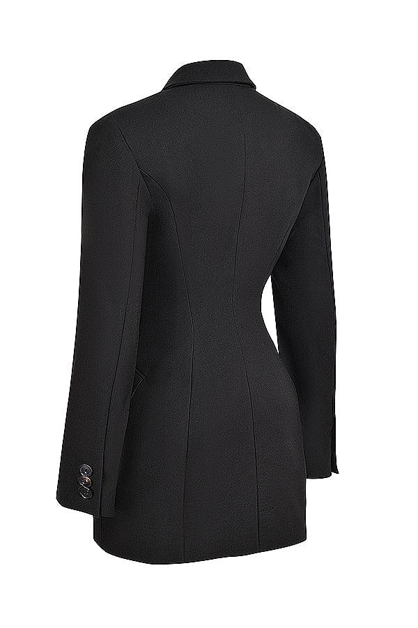 Jara – Black Fitted Mini Blazer Dress with Lapels and Flap Pockets