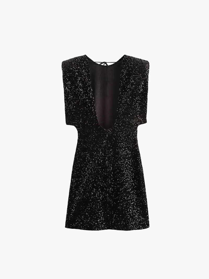 Black Glitter Cocktail Mini Dress with Sequins and Shoulder Details
