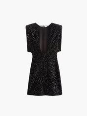 Black Glitter Cocktail Mini Dress with Sequins and Shoulder Details