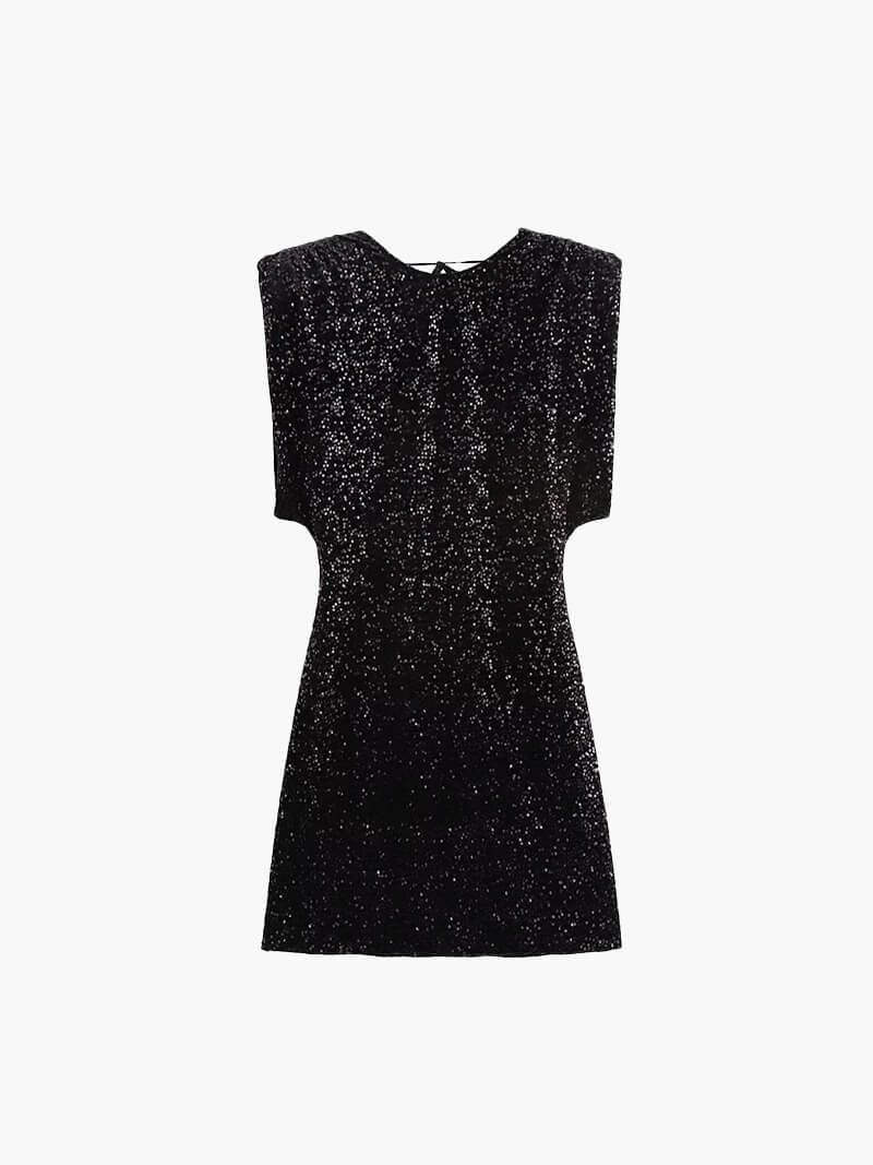 Black Glitter Cocktail Mini Dress with Sequins and Shoulder Details