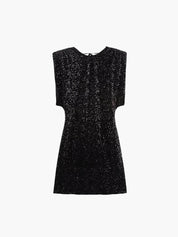 Black Glitter Cocktail Mini Dress with Sequins and Shoulder Details
