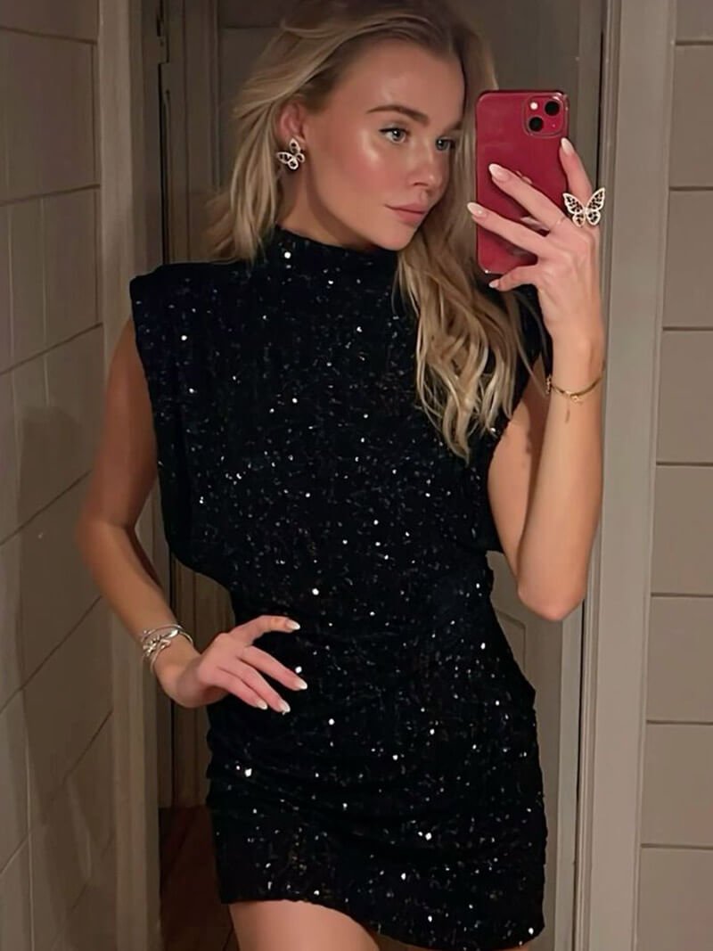 Black Glitter Cocktail Mini Dress with Sequins and Shoulder Details