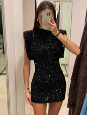 Black Glitter Cocktail Mini Dress with Sequins and Shoulder Details