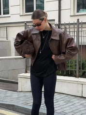 Leather Jacket for Women Short Brown with Zipper, Pockets, and Oversized Fit