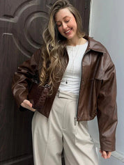 Leather Jacket for Women Short Brown with Zipper, Pockets, and Oversized Fit
