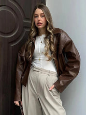 Leather Jacket for Women Short Brown with Zipper, Pockets, and Oversized Fit