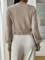 Stylish Knitted Wrap Crop Top with V-neck and Tie Belt