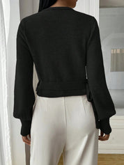 Stylish Knitted Wrap Crop Top with V-neck and Tie Belt