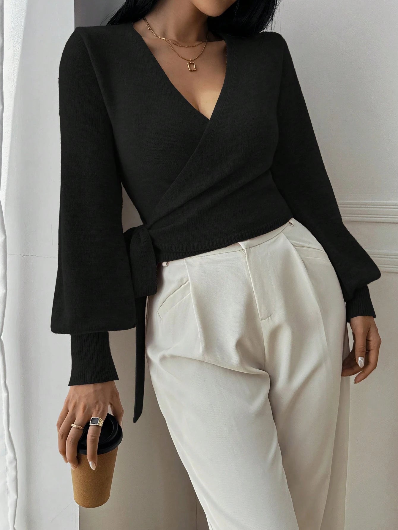 Stylish Knitted Wrap Crop Top with V-neck and Tie Belt