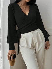 Stylish Knitted Wrap Crop Top with V-neck and Tie Belt