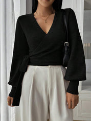 Stylish Knitted Wrap Crop Top with V-neck and Tie Belt