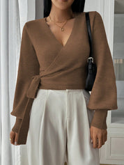 Stylish Knitted Wrap Crop Top with V-neck and Tie Belt