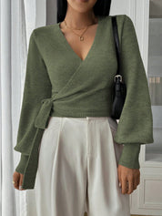 Stylish Knitted Wrap Crop Top with V-neck and Tie Belt