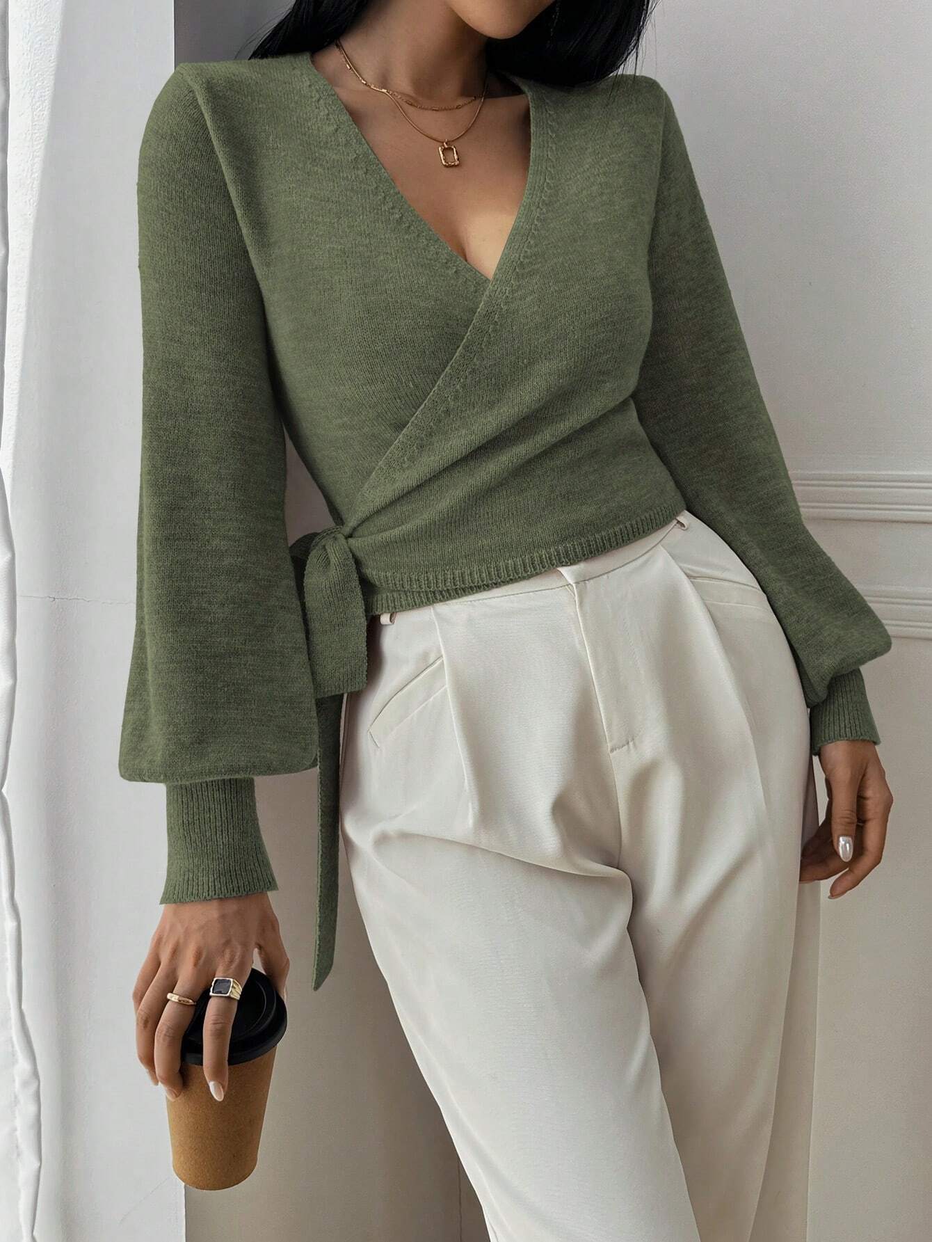 Stylish Knitted Wrap Crop Top with V-neck and Tie Belt