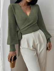 Stylish Knitted Wrap Crop Top with V-neck and Tie Belt