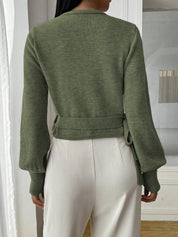 Stylish Knitted Wrap Crop Top with V-neck and Tie Belt