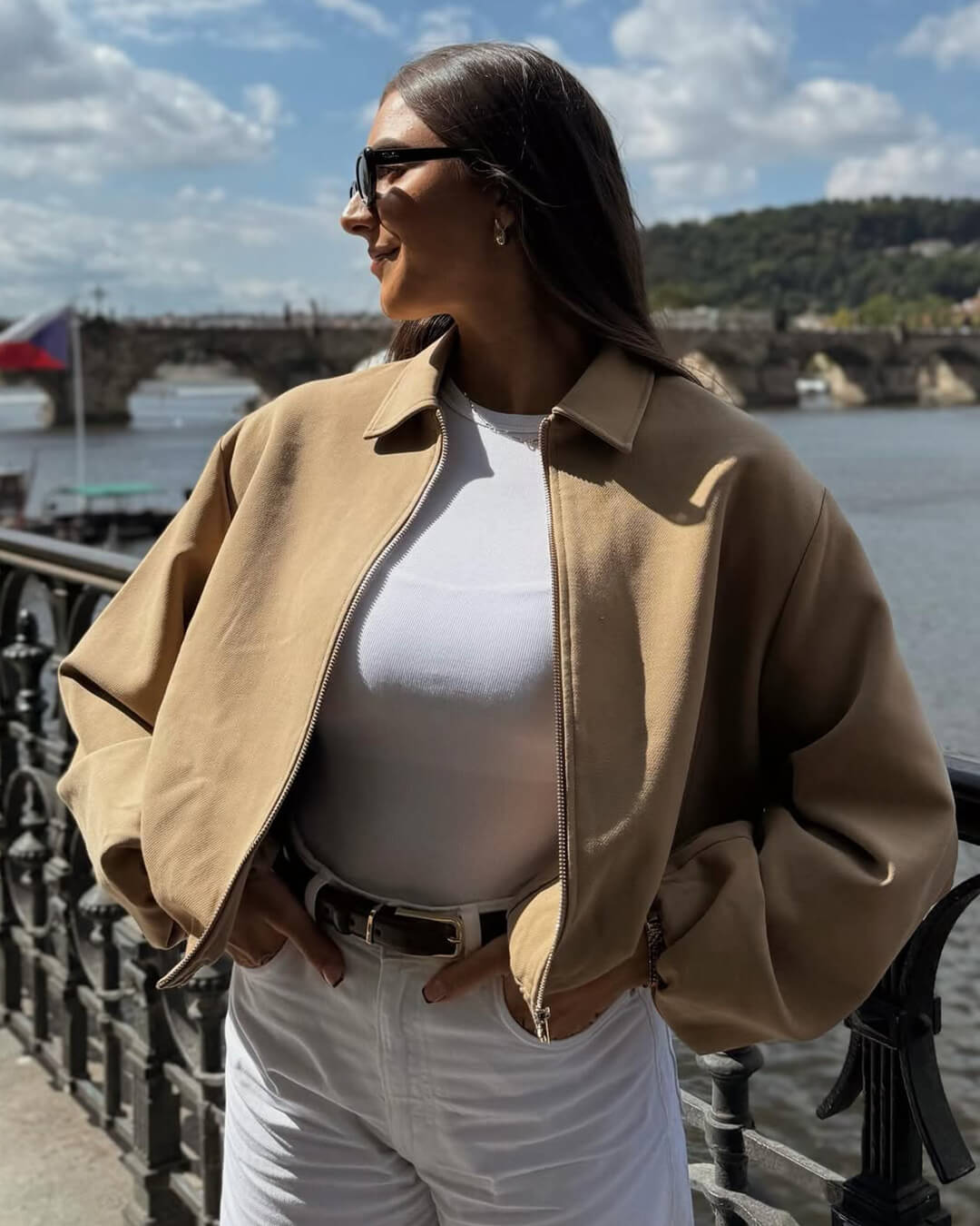 Short Women's Bomber Jacket with Zipper and Elastic Hem