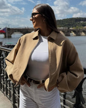 Short Women's Bomber Jacket with Zipper and Elastic Hem