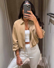 Short Women's Bomber Jacket with Zipper and Elastic Hem