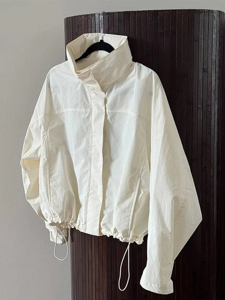 Windbreaker for Women Lightweight with High Collar and Adjustable Drawstring