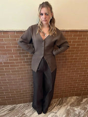 Brown Cardigan Women Knitted Elegant V-neck Slim Fit Button Closure