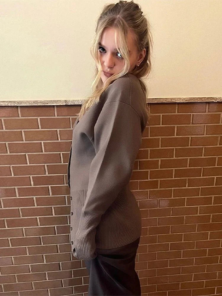 Brown Cardigan Women Knitted Elegant V-neck Slim Fit Button Closure