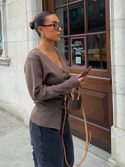 Brown Cardigan Women Knitted Elegant V-neck Slim Fit Button Closure