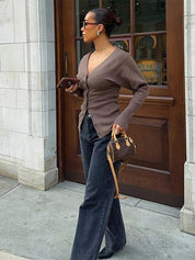Brown Cardigan Women Knitted Elegant V-neck Slim Fit Button Closure
