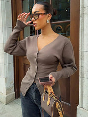 Brown Cardigan Women Knitted Elegant V-neck Slim Fit Button Closure