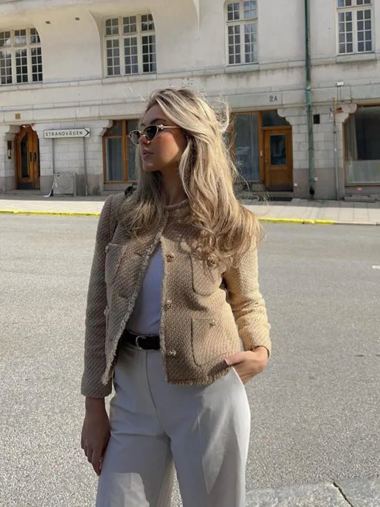Elegant Tweed Blazer for Women with Pockets and Gold Buttons