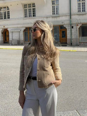 Elegant Tweed Blazer for Women with Pockets and Gold Buttons