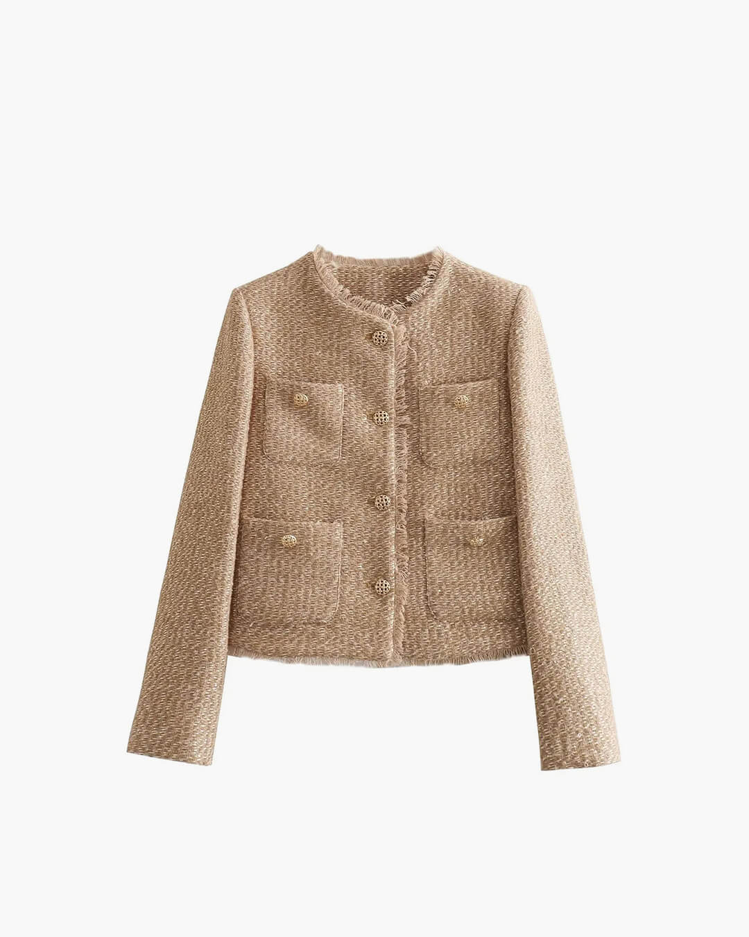 Elegant Tweed Blazer for Women with Pockets and Gold Buttons