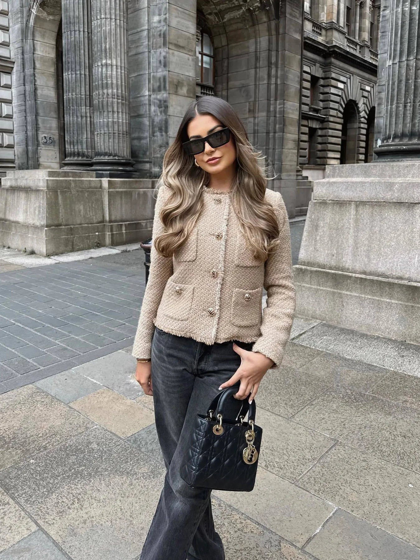 Elegant Tweed Blazer for Women with Pockets and Gold Buttons