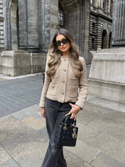 Elegant Tweed Blazer for Women with Pockets and Gold Buttons