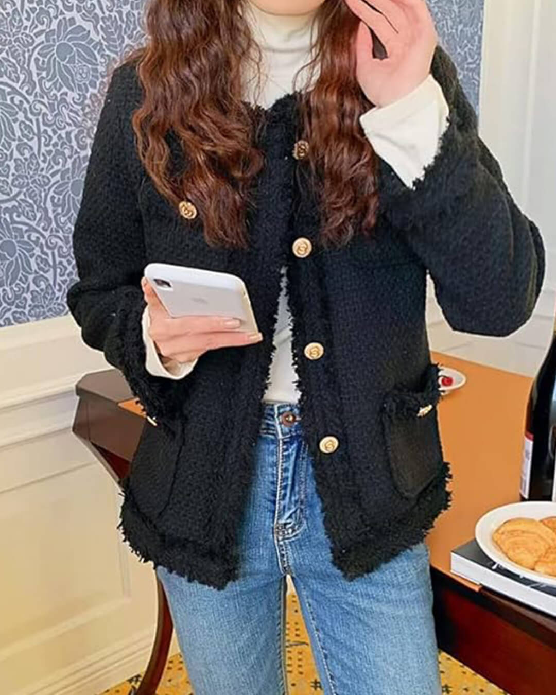 Elegant Tweed Blazer for Women with Pockets and Gold Buttons