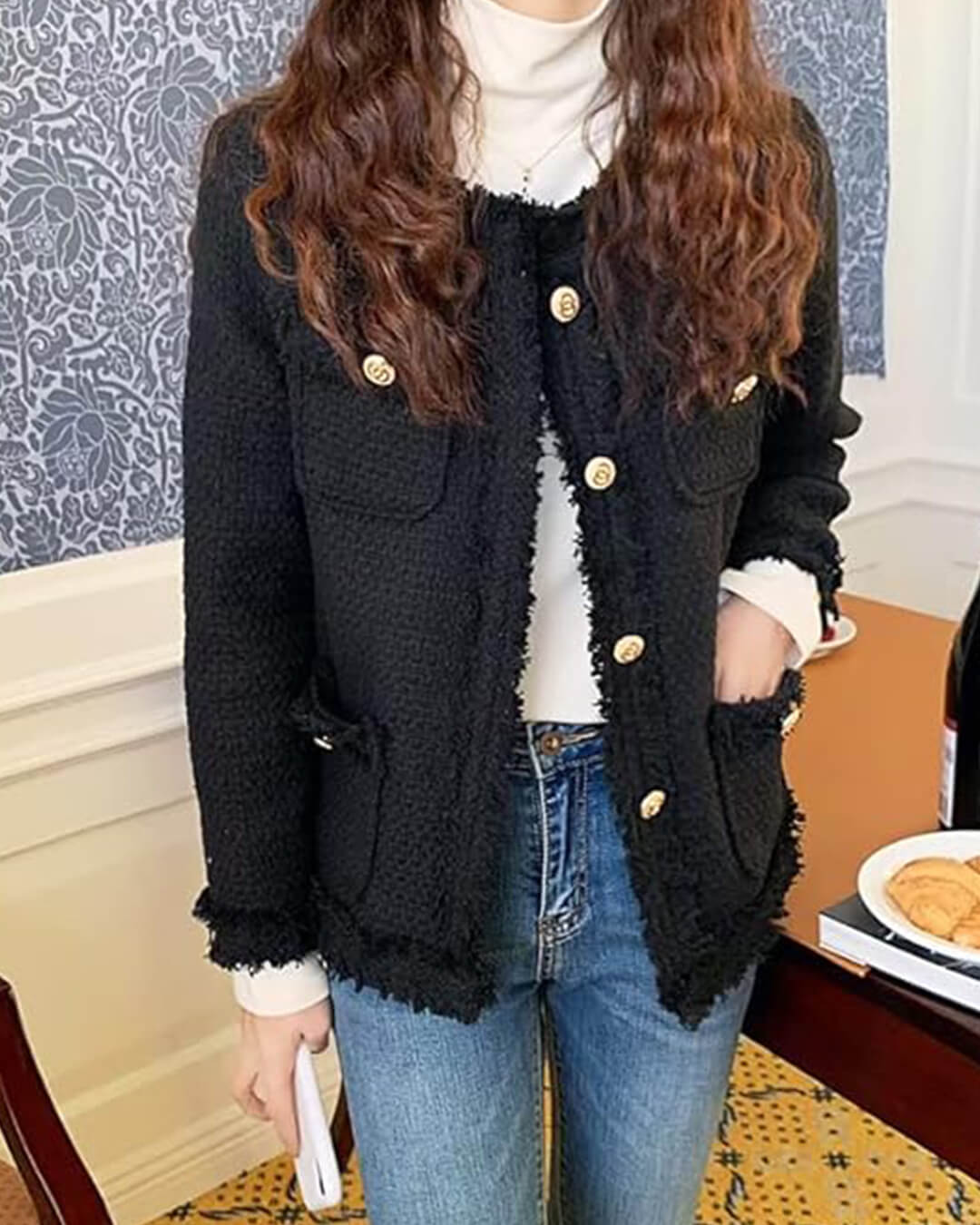 Elegant Tweed Blazer for Women with Pockets and Gold Buttons
