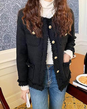 Elegant Tweed Blazer for Women with Pockets and Gold Buttons