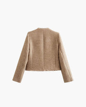 Elegant Tweed Blazer for Women with Pockets and Gold Buttons