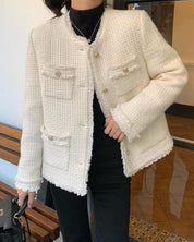 Elegant Tweed Blazer for Women with Pockets and Gold Buttons