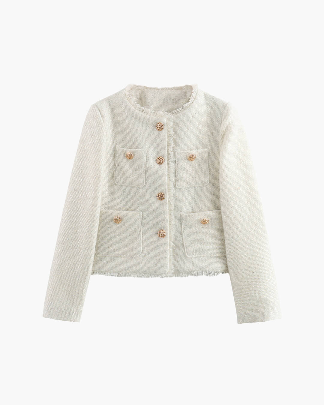 Elegant Tweed Blazer for Women with Pockets and Gold Buttons