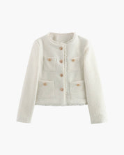 Elegant Tweed Blazer for Women with Pockets and Gold Buttons