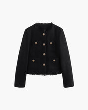 Elegant Tweed Blazer for Women with Pockets and Gold Buttons
