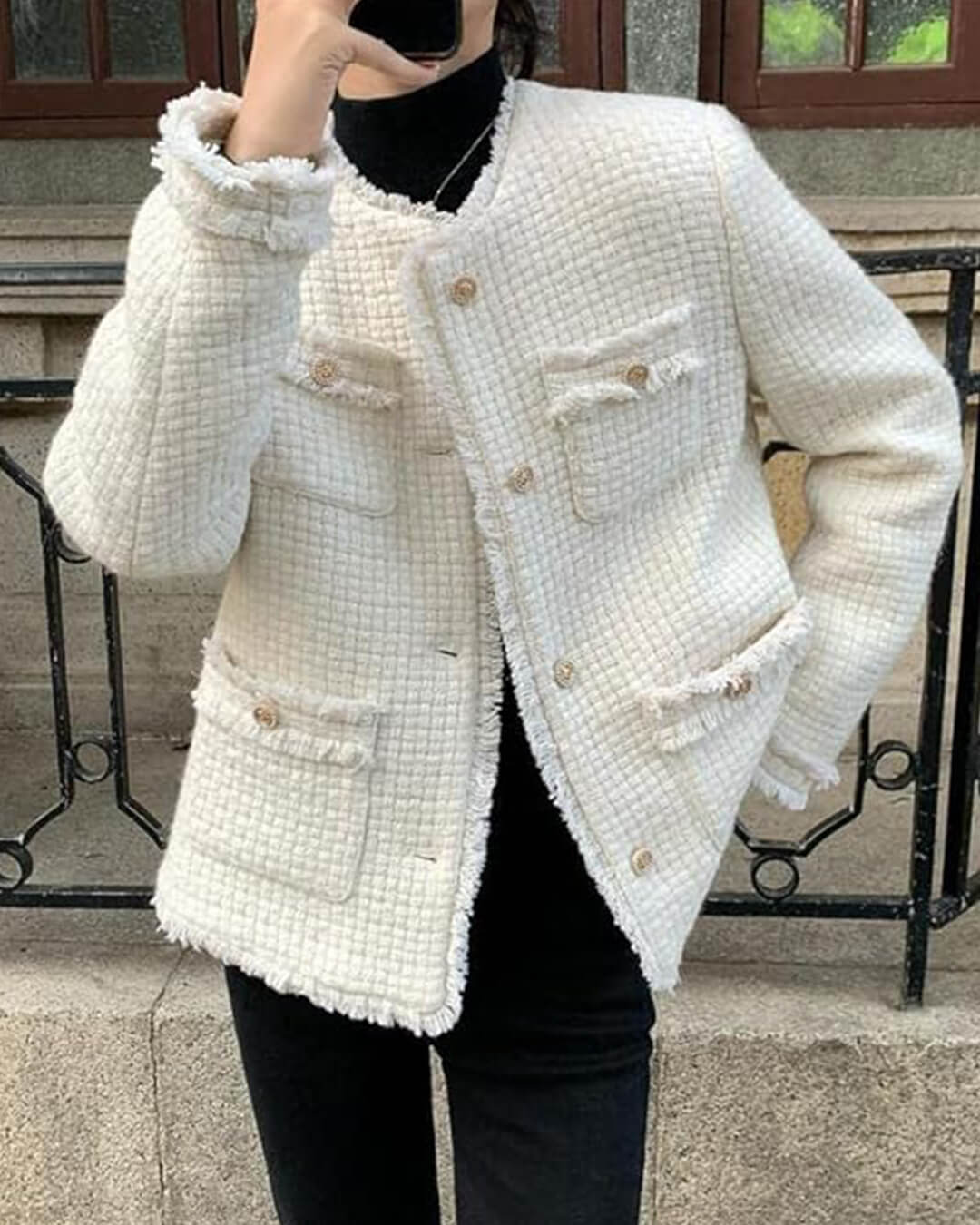 Elegant Tweed Blazer for Women with Pockets and Gold Buttons